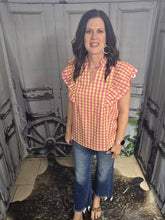 Load image into Gallery viewer, Gingham And Ruffled Sleeve V Neck Top - Jeans Jewels and Jesus Boutique
