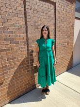 Load image into Gallery viewer, Kelly Green Cotton Gauze Tiered Dress with Ruffle Sleeve and Front Tie
