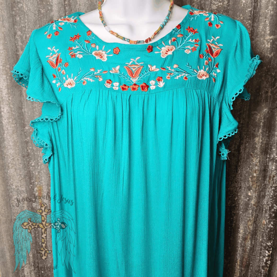 Jade Embroidered Cap Sleeve Top