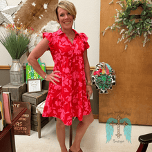 Load image into Gallery viewer, Cherry Red Summer Dress with Flamingo Pink Flowers
