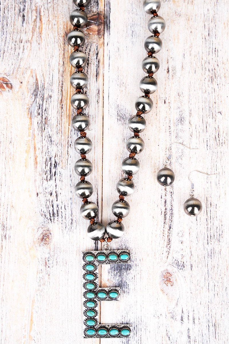 Fashion Turquoise Initial Silver Pearl Necklace Set - 14 Letters