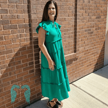 Load image into Gallery viewer, Kelly Green Cotton Gauze Tiered Dress with Ruffle Sleeve and Front Tie
