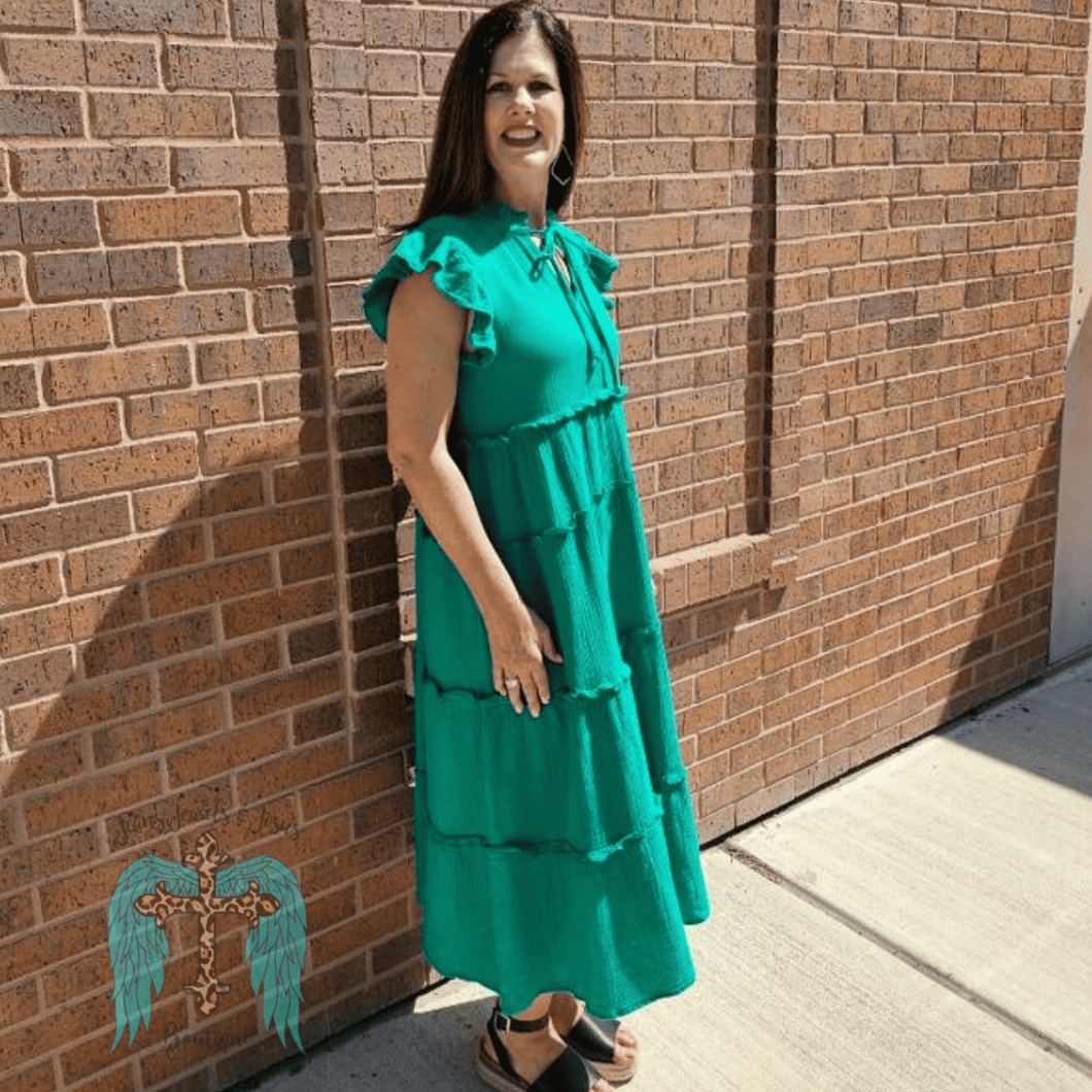 Kelly Green Cotton Gauze Tiered Dress with Ruffle Sleeve and Front Tie