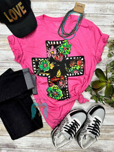 Load image into Gallery viewer, Black Floral Cross on Pink Tee
