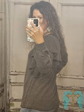 Load image into Gallery viewer, Long Ruffled Sleeve Urban Ribbed Top-Charcoal - Jeans Jewels and Jesus Boutique
