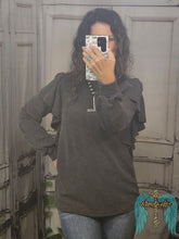 Load image into Gallery viewer, Long Ruffled Sleeve Urban Ribbed Top-Charcoal - Jeans Jewels and Jesus Boutique
