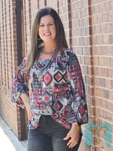 Load image into Gallery viewer, Nashville Charcoal &amp; Red Bell Sleeve Top - Jeans Jewels and Jesus Boutique
