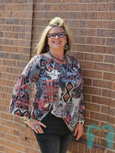 Load image into Gallery viewer, Nashville Charcoal &amp; Red Bell Sleeve Top - Jeans Jewels and Jesus Boutique
