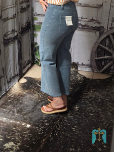 Acid Washed HR Frayed Hem Straight Pant-Teal