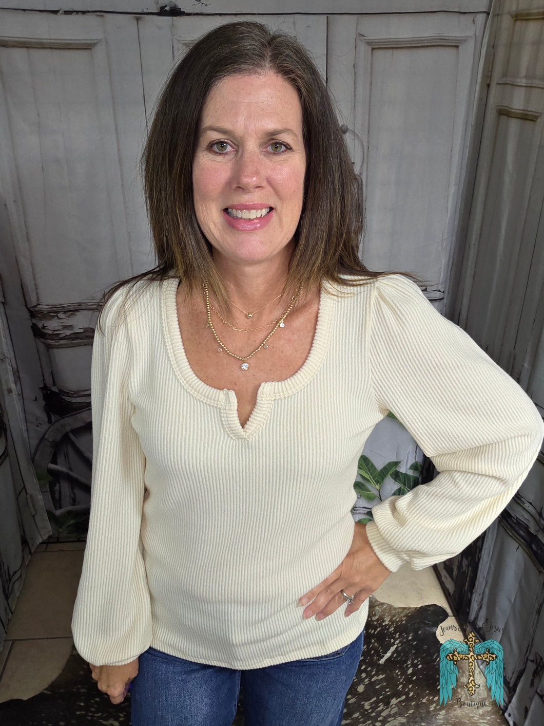 Ribbed Longsleeve Solid Top-Cream