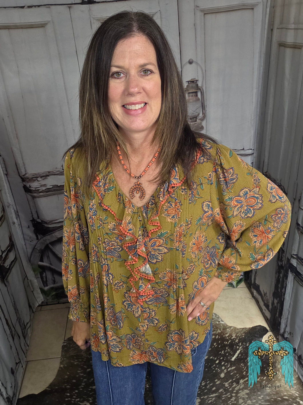 Floral Ruffle Trim Sleeved Blouse