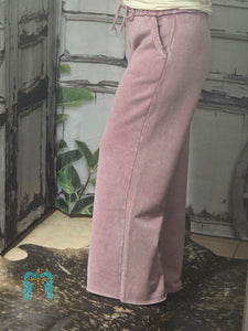 Acid Wash Fleece Palazzo Pants-Light Rose