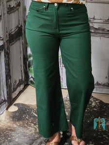 Flare Cropped HR Color Denim Pants-Dark Green
