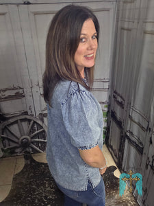 Washed Denim With Buttoned V Neck Top