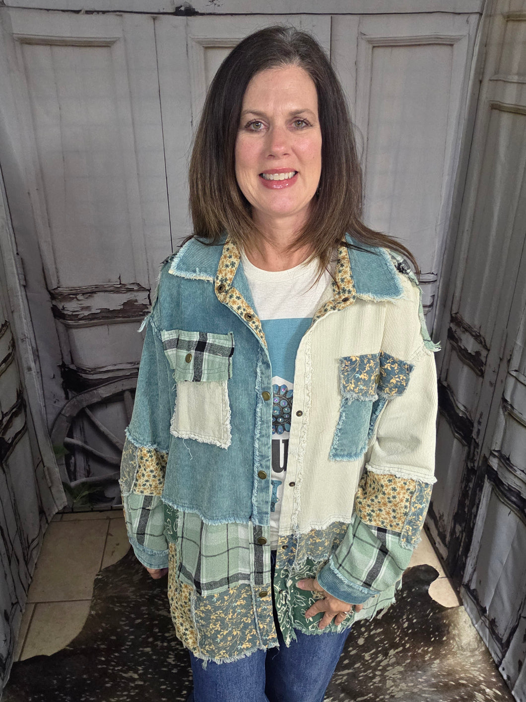 Sage Flannel Patchwork And Corduroy Shacket