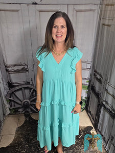 Turquoise Ruffled Sleeved Maxi Dress