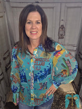 Load image into Gallery viewer, Turquoise Cowgirl Club Chifon Button Up Top
