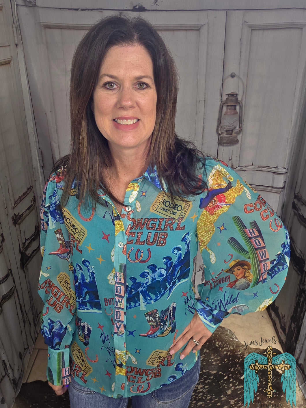 Turquoise Cowgirl Club Chifon Button Up Top