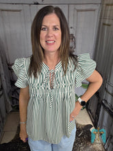 Load image into Gallery viewer, Hunter Green Striped Ruffled Top
