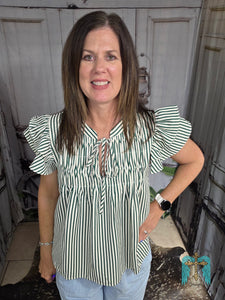 Hunter Green Striped Ruffled Top