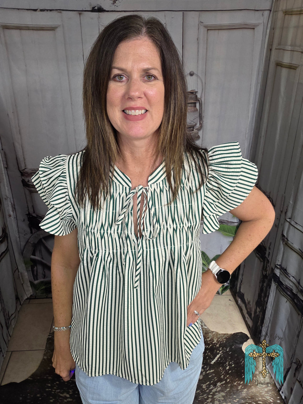 Hunter Green Striped Ruffled Top