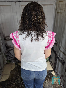 Flowered Ruffle Sleeve Top-Pink