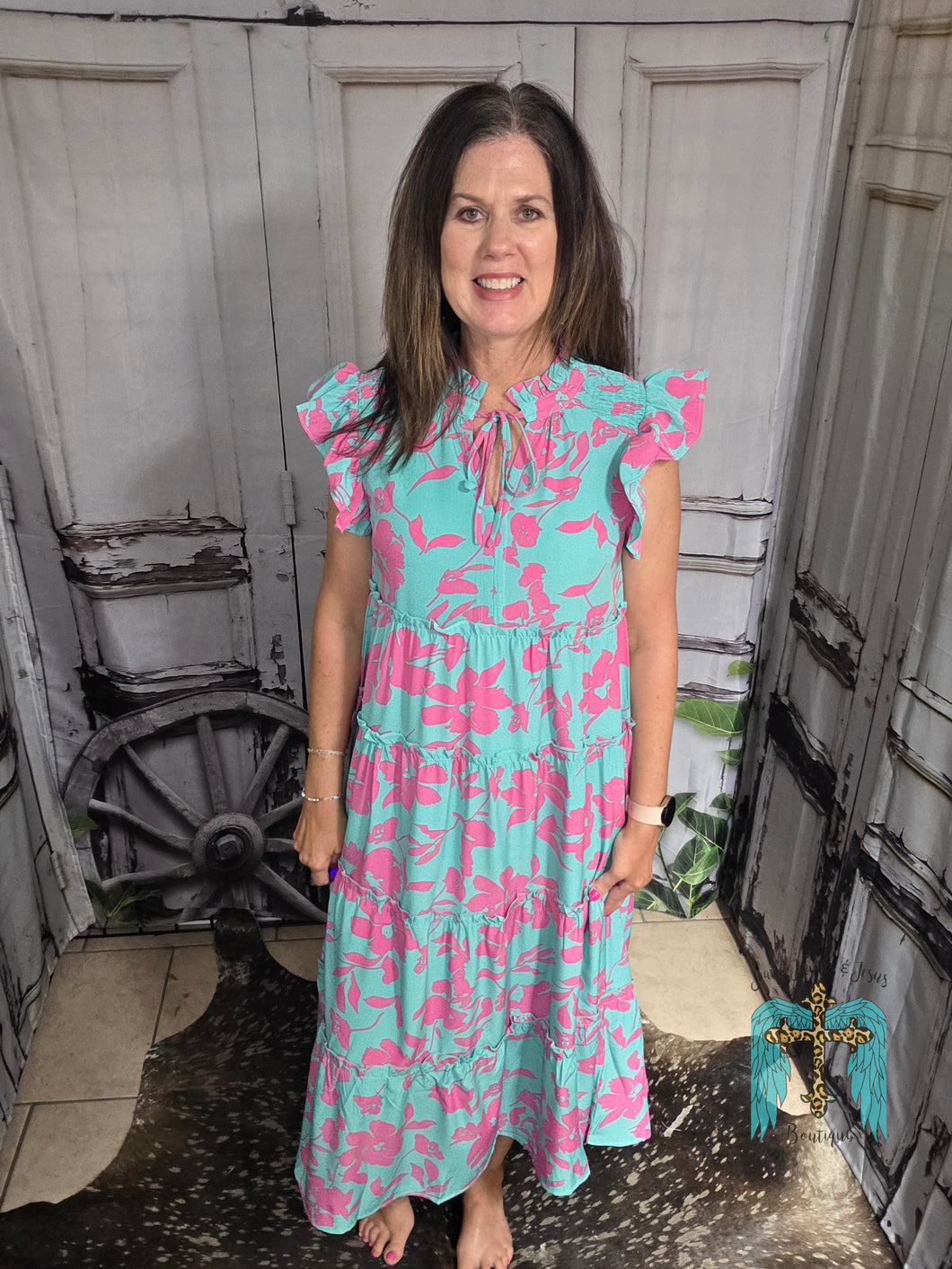 Turquoise and Pink Floral Maxi Dress
