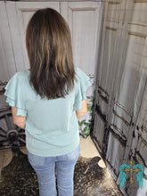 Load image into Gallery viewer, Ribbed Ruffled Sleeve Top-Sage
