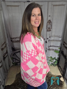 Oversized Checkered Cardigan-Pink