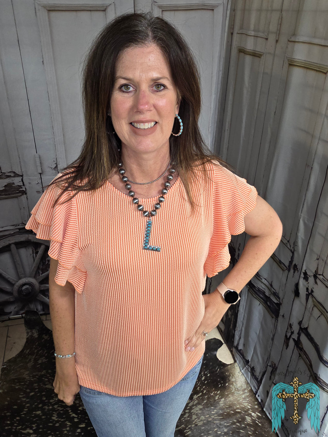 Ribbed Ruffled Sleeve Top-Orange