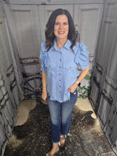 Load image into Gallery viewer, Button Up Top With Ruffled Sleeve-Light Denim
