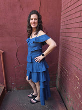 Load image into Gallery viewer, Denim Off The Shoulder Ruffled Hi-Low Dress

