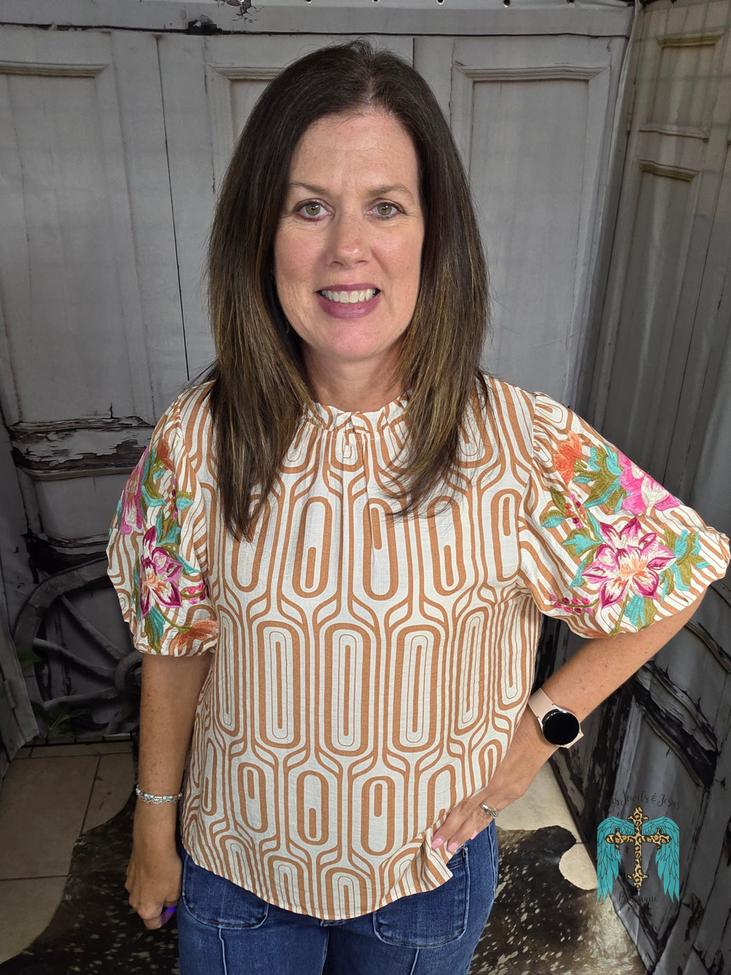 THML Flower Embroidered Puff Sleeve Top