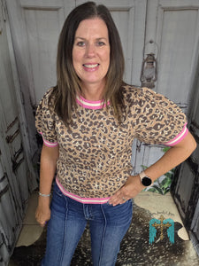 Leopard Puff Sleeved Sweater With Pink Trim
