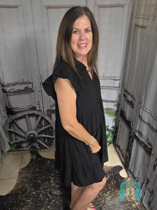 Black V-Neck Dress with Ruffled Sleeve