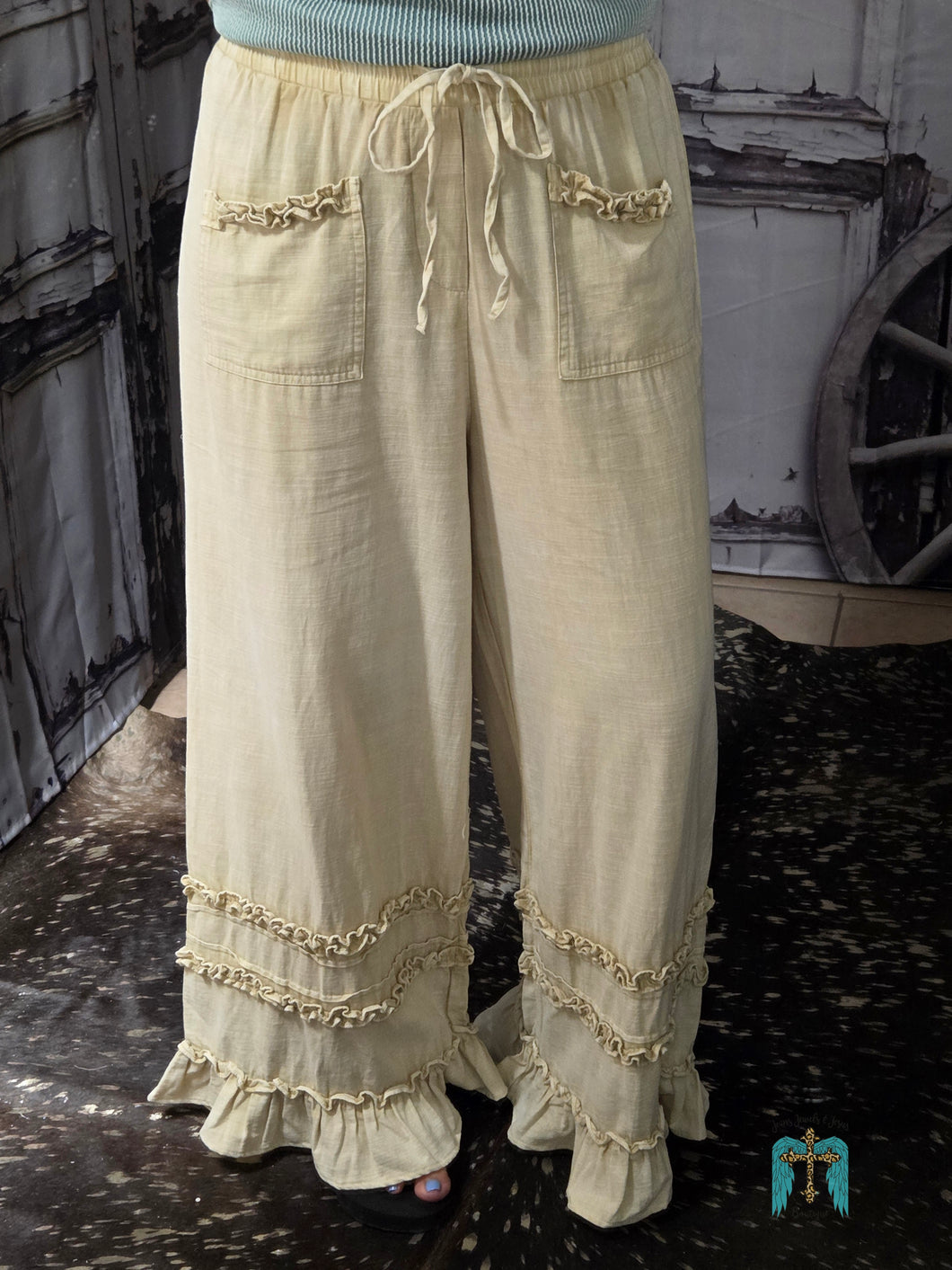 Oatmeal Linen Pant With Ruffles