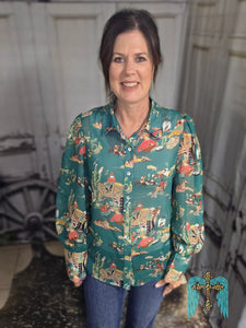 Turquoise Wagon Wheel Chifon Button Up Top