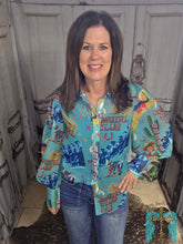 Load image into Gallery viewer, Turquoise Cowgirl Club Chifon Button Up Top

