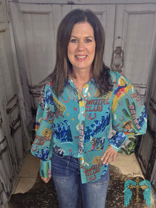 Turquoise Cowgirl Club Chifon Button Up Top