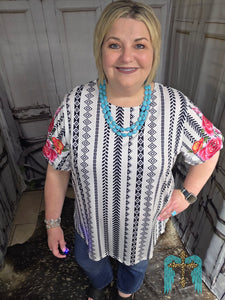 Aztec Top With Emcroidered Sleeves