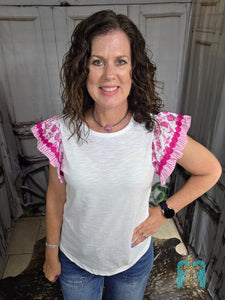 Flowered Ruffle Sleeve Top-Pink
