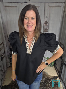 Black V-Neck Blouse With Leopard Trim