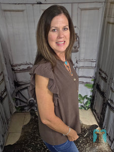 Linen Ruffle Sleeve Button Down Top