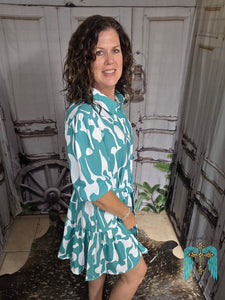 Turquoise Abstract Button Down Dress