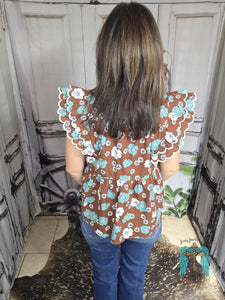 Brown And Turquoise Floral Top With Ruffled Sleeve