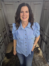 Load image into Gallery viewer, Button Up Top With Ruffled Sleeve-Light Denim
