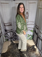 Load image into Gallery viewer, Olive Green V Neck Embroidered Top
