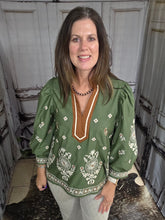 Load image into Gallery viewer, Olive Green V Neck Embroidered Top
