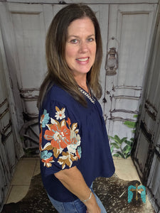 THML Navy Blue Embroidered Puff Sleeve Top