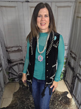 Load image into Gallery viewer, Black Fringe Studded Vest with Turq Stone Concho
